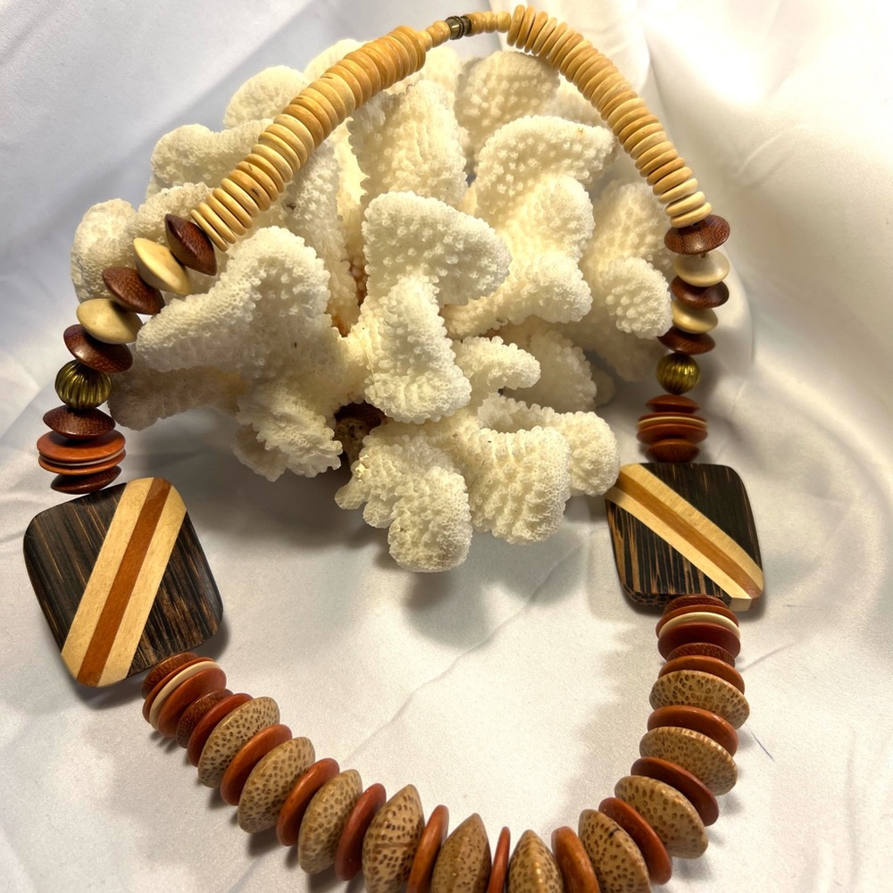 Handcrafted vintage Wooden Beaded Necklace with large square beads,  24” long